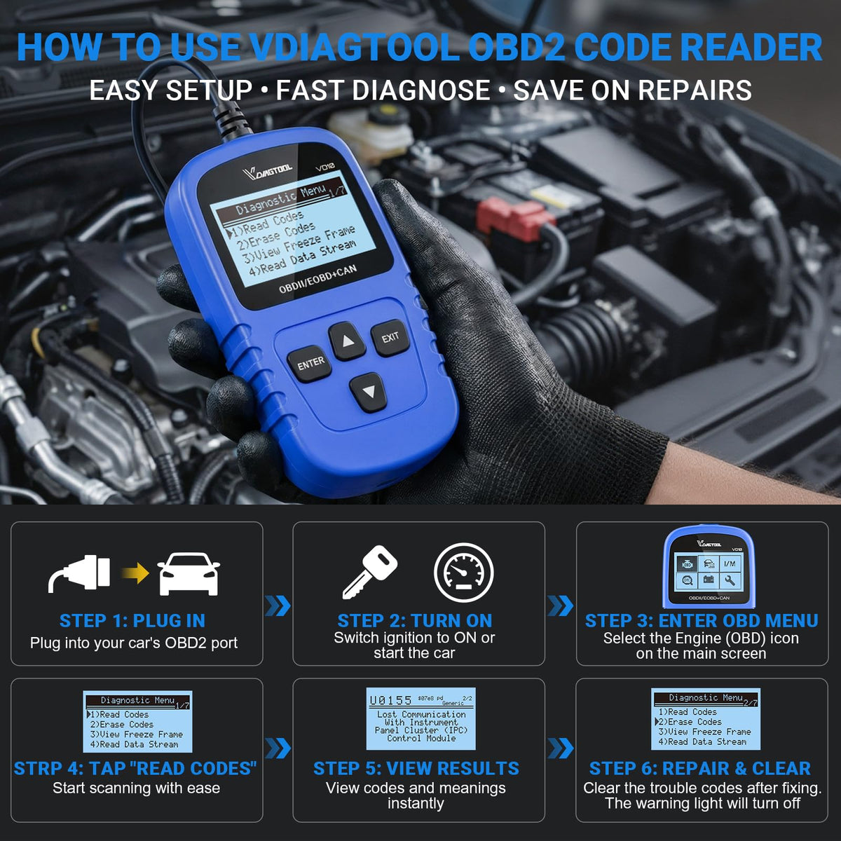 VDIAGTOOL VD10 OBD2 Scanner Code Reader Car Diagnostic Tool Engine Fault Code Reader for Turn Off CEL with Freeze Frame/I/M Readiness for All OBDII Protocol Cars, OBD2 Scanner Diagnostic Tool VDIAGTOOL Official Website