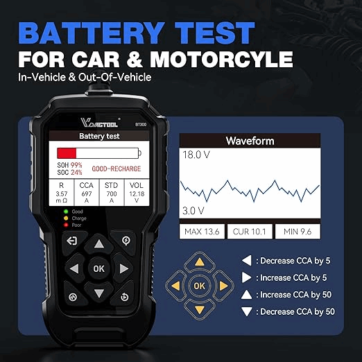 battery test for car & motorcyle in-vehicle & out-of-vehicle