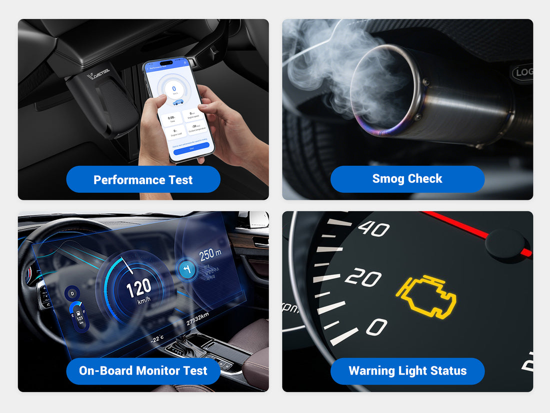 vdiagtool D200 features performance test, smog check, on-board monitor test, and warning light status