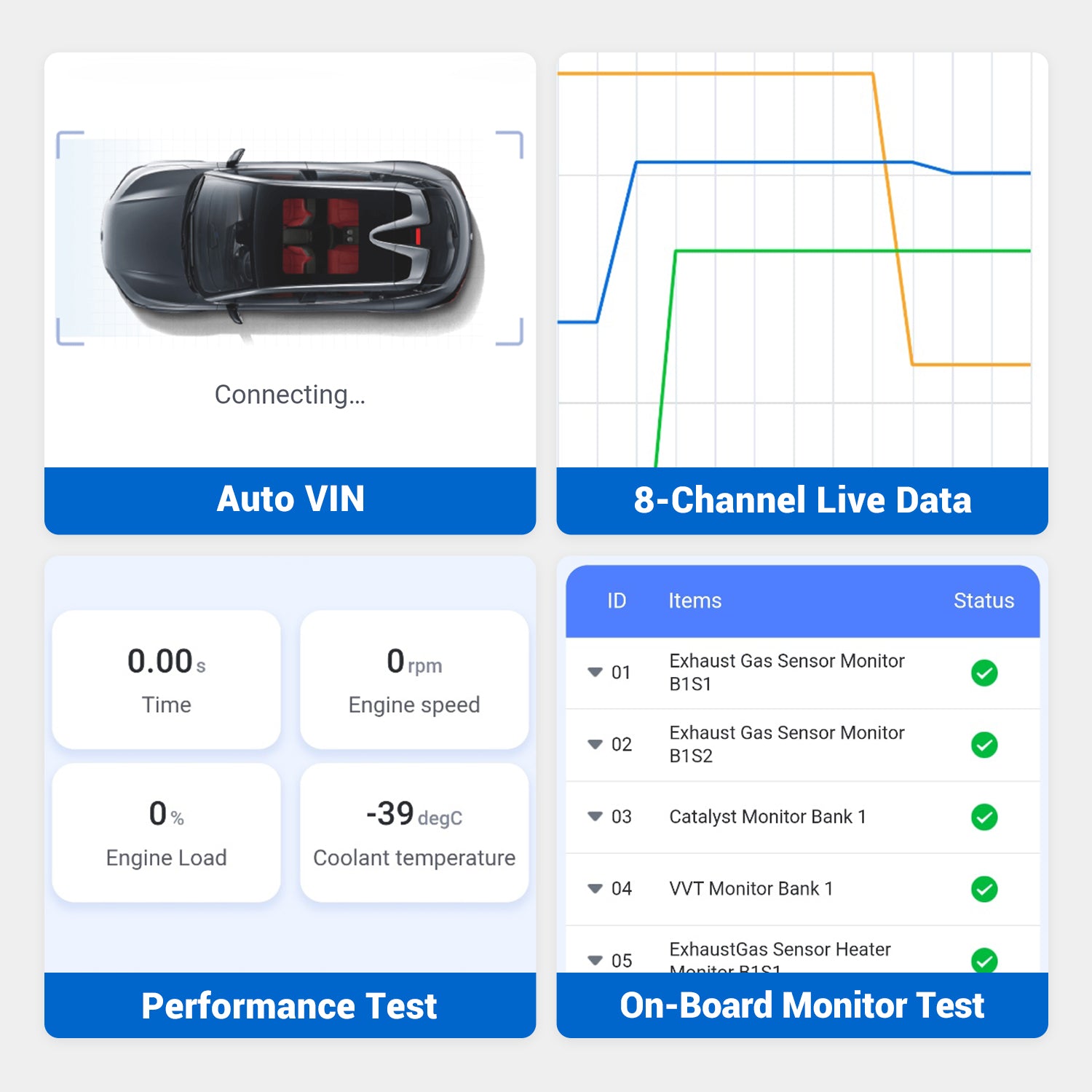 vdiagtool D200 features Auto VIN recognition, 8-channel live data monitoring, performance testing, and onboard monitor diagnostics for professional technicians and auto service centers.